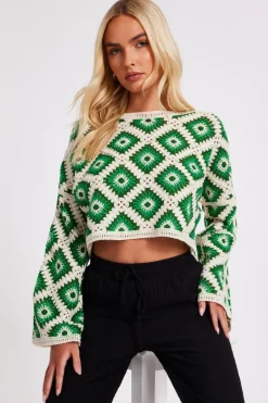 Quiz Green Crochet Geometric Crop Top Sale