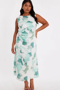 Quiz Green Curve Satin Marble Midaxi Dress