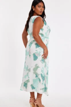Quiz Green Curve Satin Marble Midaxi Dress