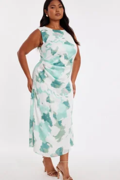 Quiz Green Curve Satin Marble Midaxi Dress