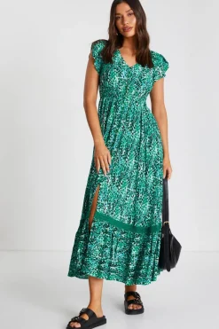 Quiz Green Leopard Print Crochet Trim Midaxi Dress Hot