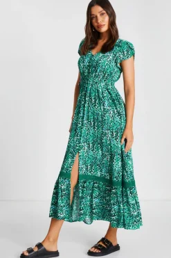 Quiz Green Leopard Print Crochet Trim Midaxi Dress Hot