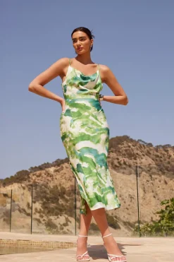Quiz Green Marble Print Cowl Neck Midaxi Dress Outlet