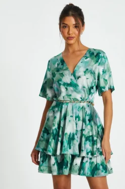 Quiz Green Marble Print Tiered Skater Dress New