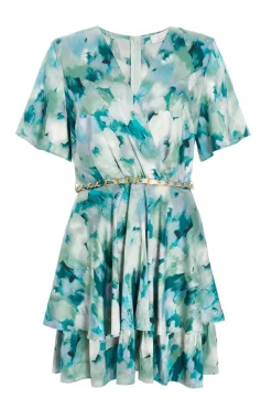Quiz Green Marble Print Tiered Skater Dress New