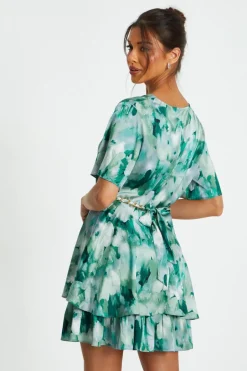 Quiz Green Marble Print Tiered Skater Dress New