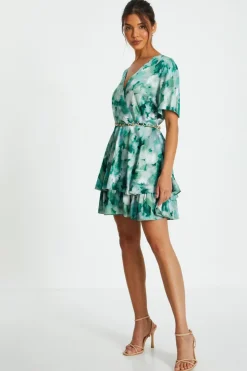 Quiz Green Marble Print Tiered Skater Dress New