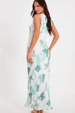 Quiz Green Satin Marble Midaxi Dress Outlet