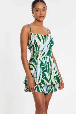 Quiz Green Tropical Print Satin Playsuit Online