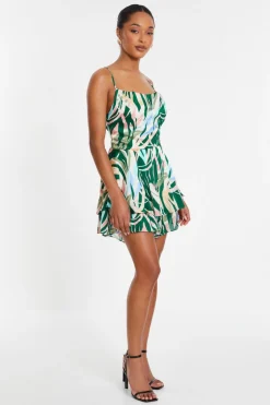 Quiz Green Tropical Print Satin Playsuit Online