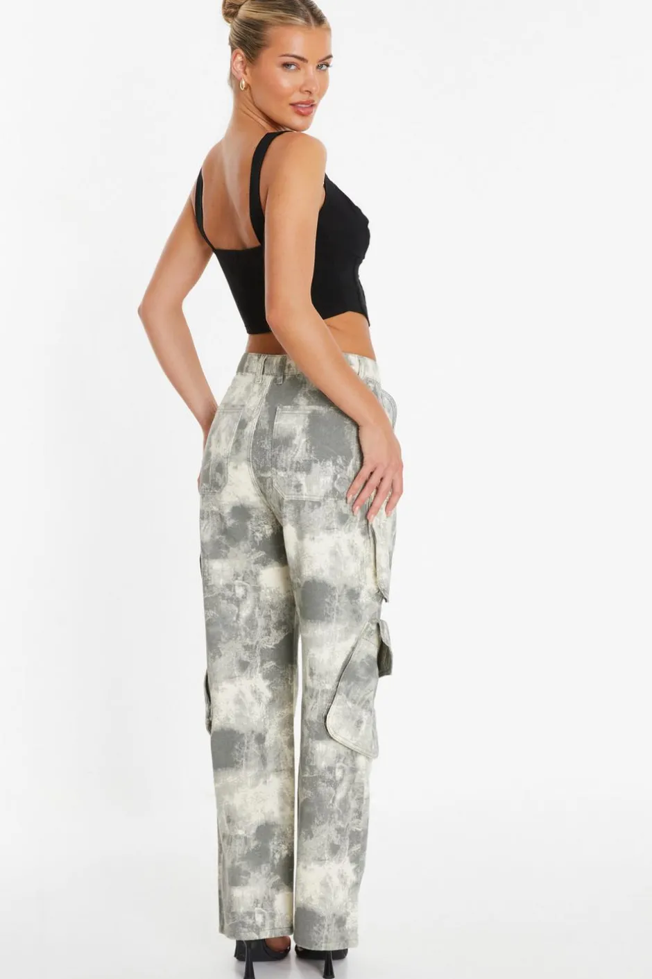 Quiz Grey Camo Print Cargo Trouser New