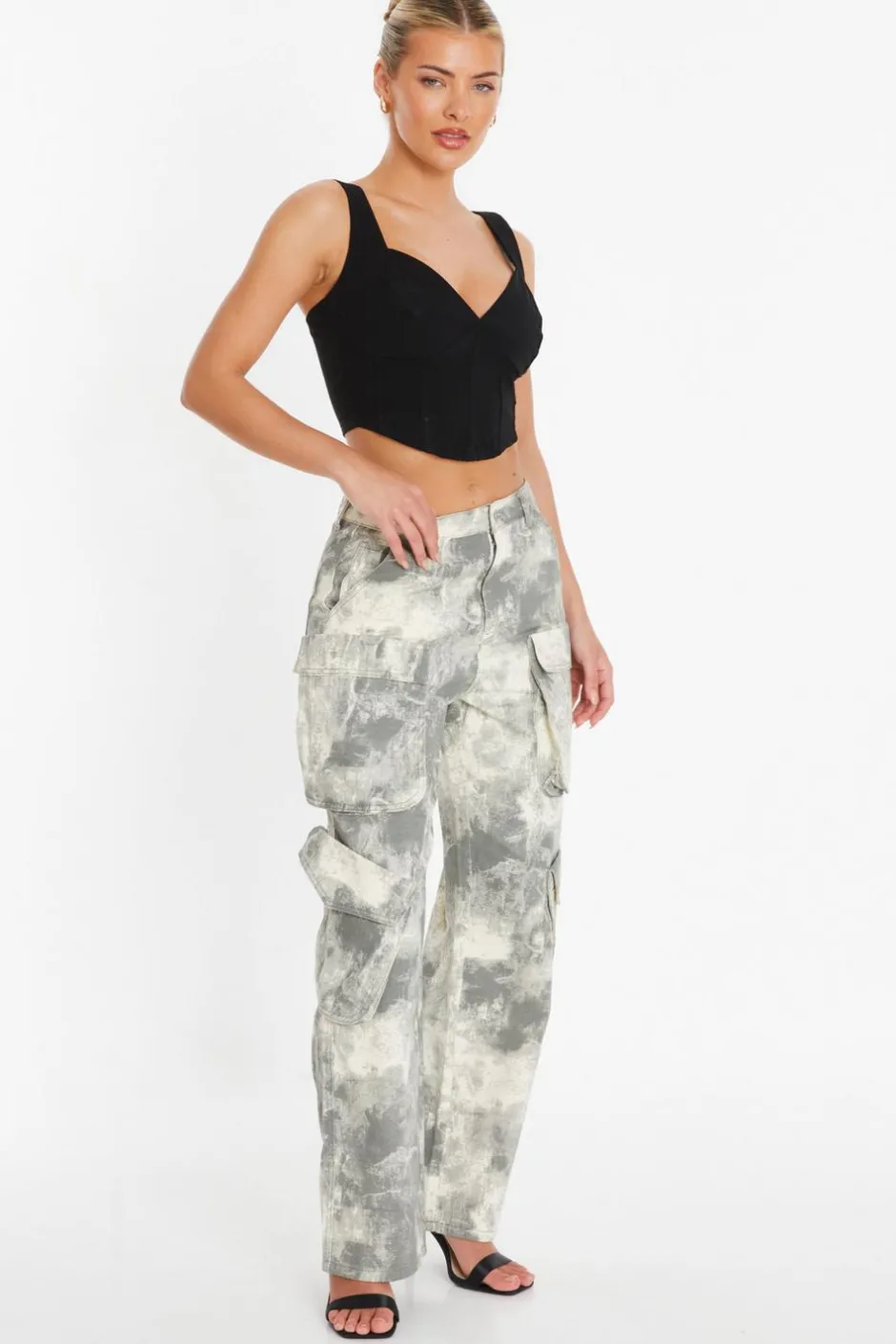 Quiz Grey Camo Print Cargo Trouser New