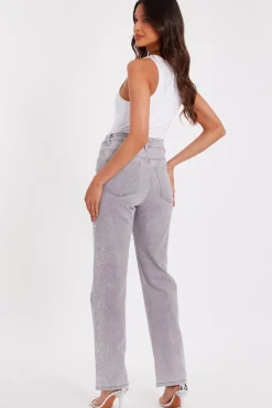 Quiz Grey Denim Diamante Jeans Discount