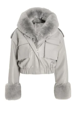 Quiz Faux Fur Bomber Jacket Grey New
