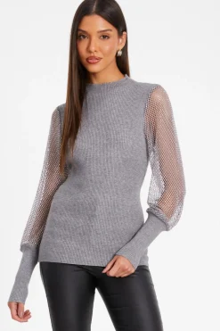 Quiz Knit Diamante Sleeve Jumper Grey Outlet