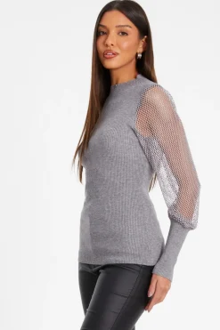 Quiz Knit Diamante Sleeve Jumper Grey Outlet