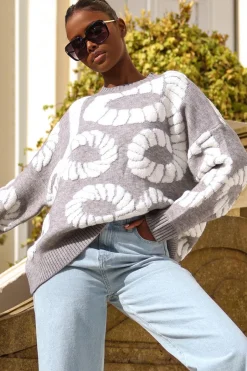Quiz Grey Knit Printed Jumper Clearance