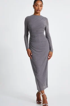 Quiz Mesh Diamante Maxi Dress Grey Online