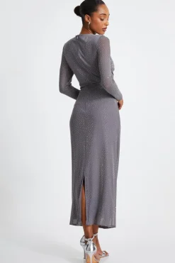 Quiz Mesh Diamante Maxi Dress Grey Online