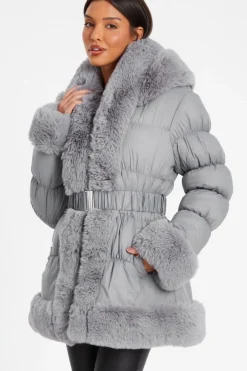 Quiz Padded Faux Fur Trim Jacket Grey Online