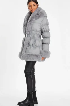 Quiz Padded Faux Fur Trim Jacket Grey Online