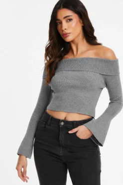 Quiz Grey Ribbed Bardot Jumper Sale