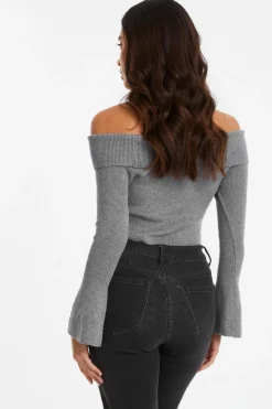 Quiz Grey Ribbed Bardot Jumper Sale
