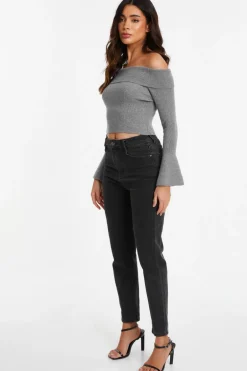 Quiz Grey Ribbed Bardot Jumper Sale