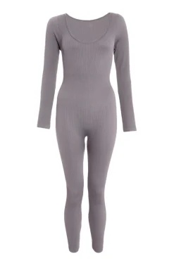 Quiz Ribbed Long Sleeve Jumpsuit Grey Hot