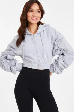 Quiz Ruched Sleeve Cropped Hoodie Grey Best