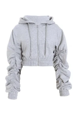 Quiz Ruched Sleeve Cropped Hoodie Grey Best