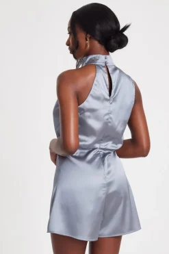 Quiz Satin Asymmetric Playsuit Grey Hot