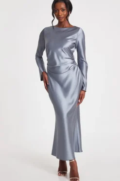 Quiz Grey Satin Ruched Side Midaxi Dress