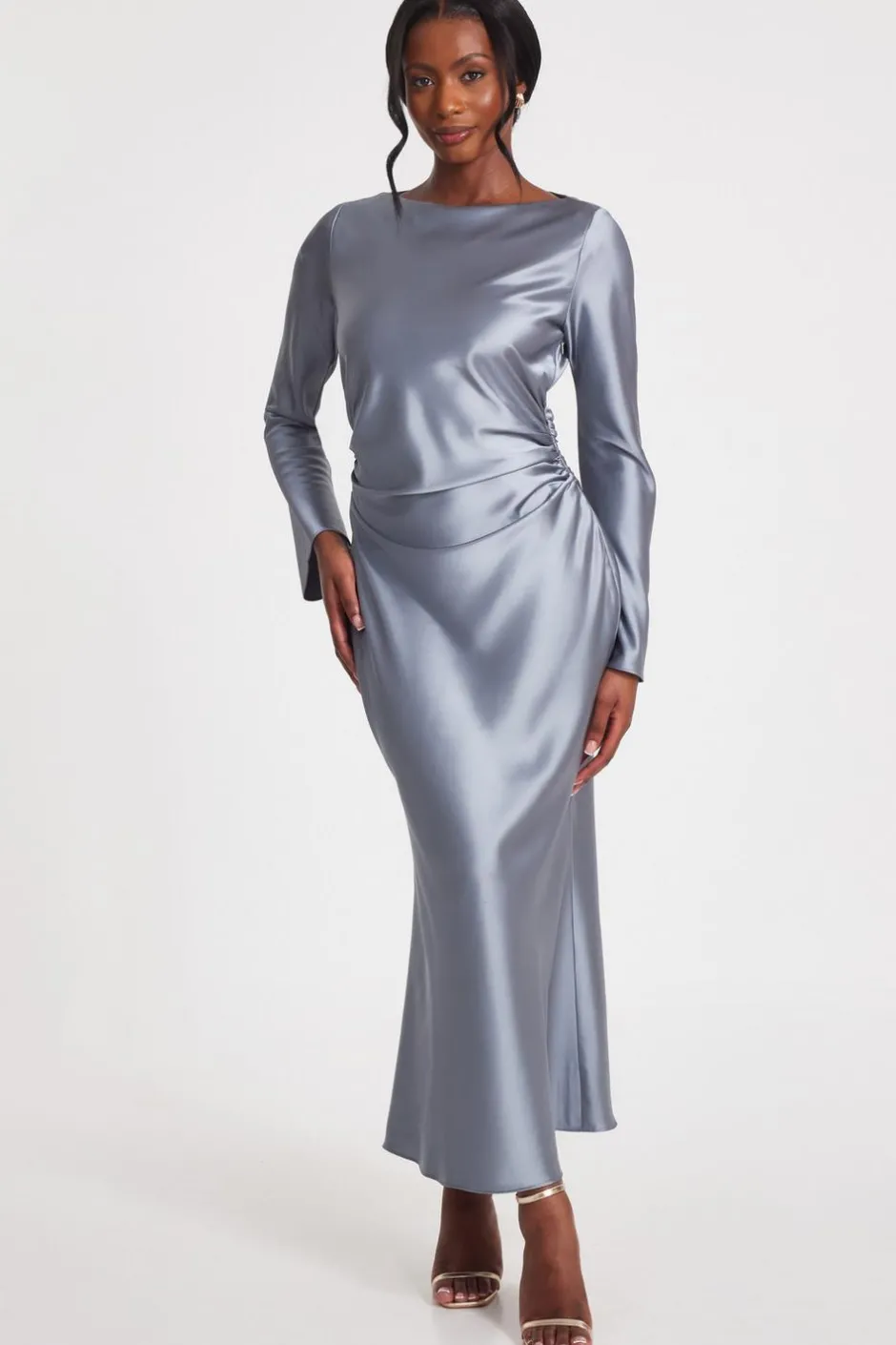 Quiz Grey Satin Ruched Side Midaxi Dress