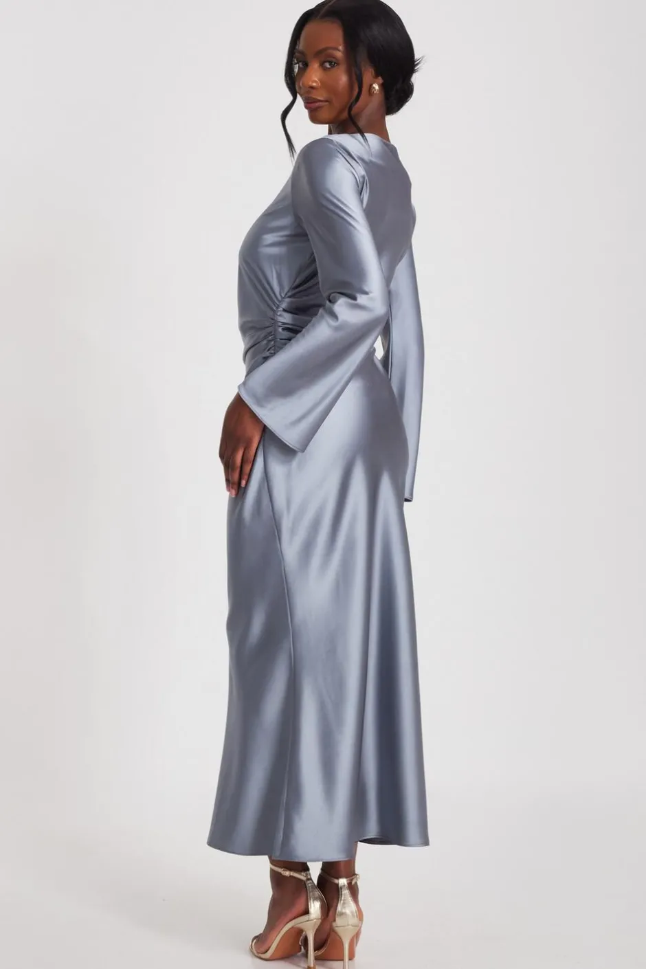 Quiz Grey Satin Ruched Side Midaxi Dress