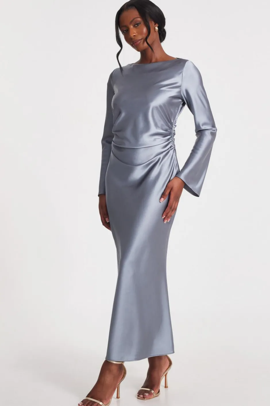 Quiz Grey Satin Ruched Side Midaxi Dress