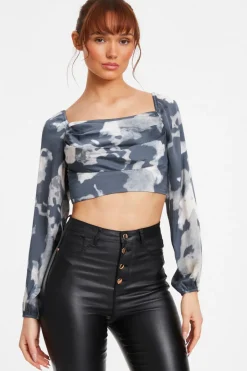 Quiz Grey Satin Smudge Print Cropped Top New