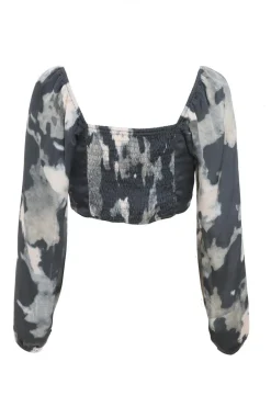 Quiz Grey Satin Smudge Print Cropped Top New