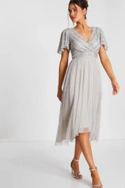 Quiz Grey Sequin Wrap Tulle Midi Dress Online