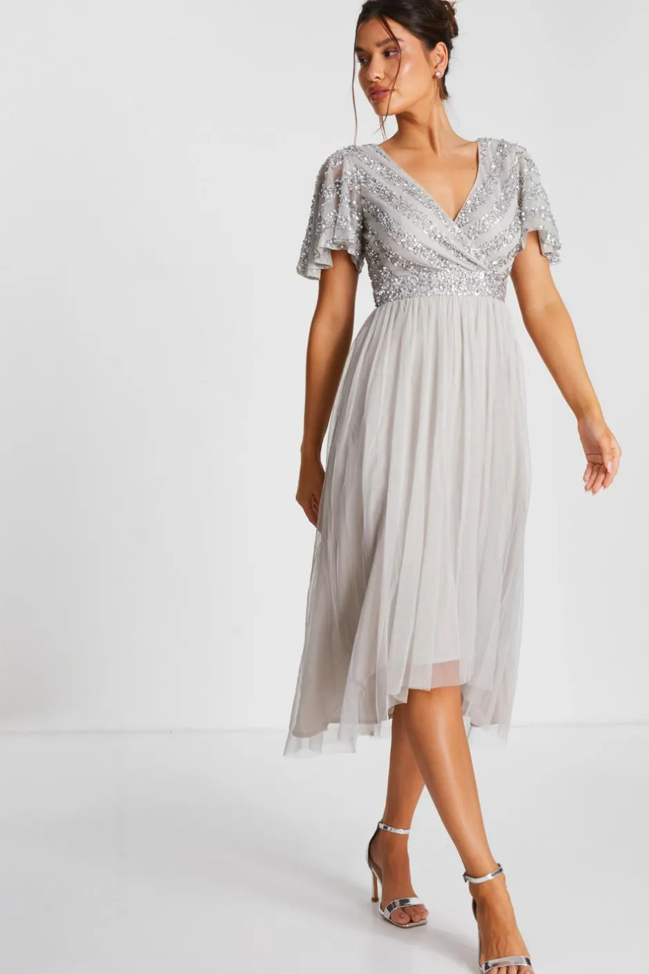 Quiz Grey Sequin Wrap Tulle Midi Dress Online