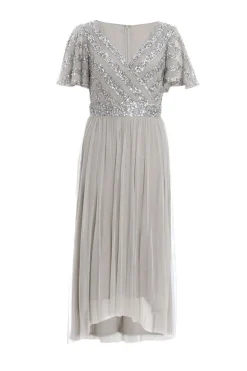 Quiz Grey Sequin Wrap Tulle Midi Dress Online
