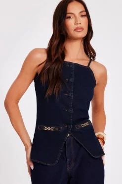 Quiz Indigo Denim Buckle Waistcoat Sale