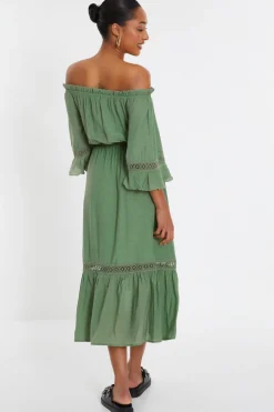 Quiz Khaki Bardot Crochet Midaxi Dress
