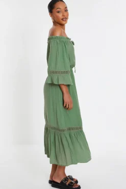 Quiz Khaki Bardot Crochet Midaxi Dress