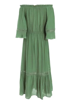 Quiz Khaki Bardot Crochet Midaxi Dress