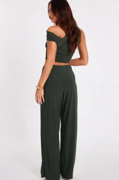 Quiz Buckle Wide Leg Trousers Khaki Discount
