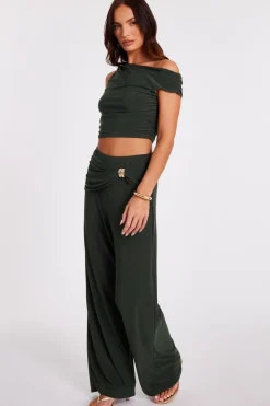 Quiz Buckle Wide Leg Trousers Khaki Discount