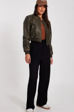 Quiz Khaki Faux Leather Bomber Jacket Online