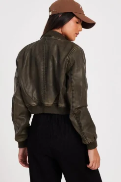 Quiz Khaki Faux Leather Bomber Jacket Online