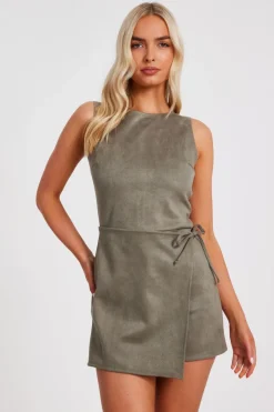 Quiz Faux Suede Playsuit Khaki Hot
